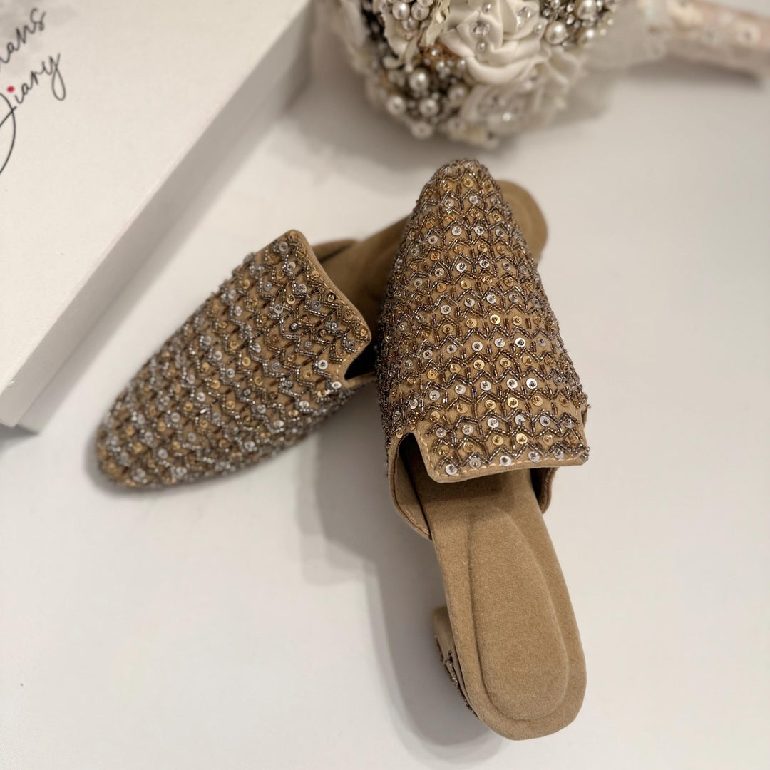Beige Taupe Mules/ Khussa/ Juttis/Ladies handmade Pakistani Brides Jutti | Punjabi Jutti | Bridal Shoes