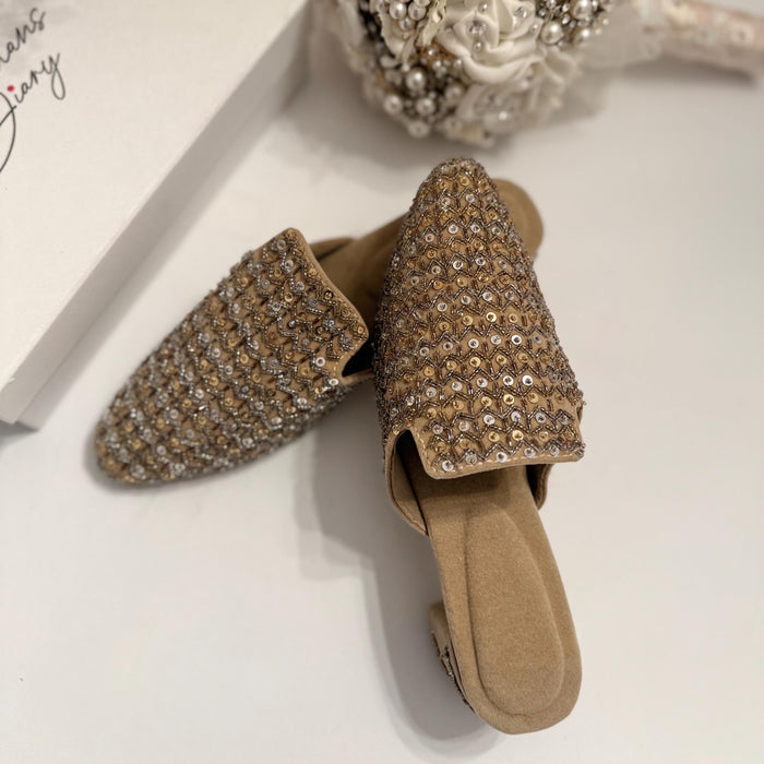 Beige Hand Embroidered Mules