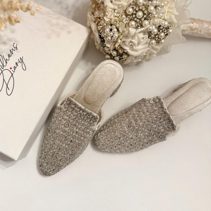 Silver White Mules| Handmade Bridal Shoes