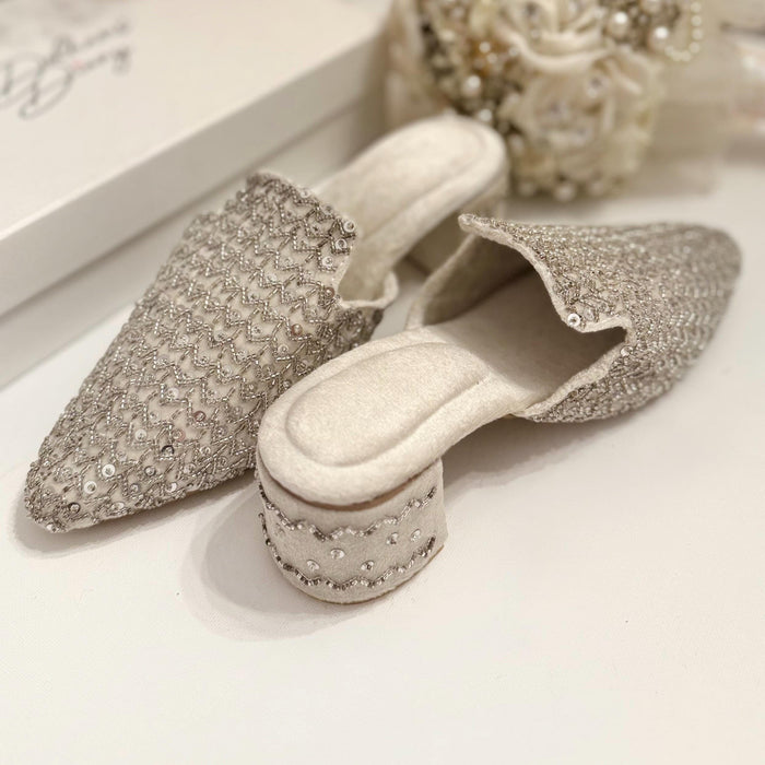 Silver White Mules| Handmade Bridal Shoes