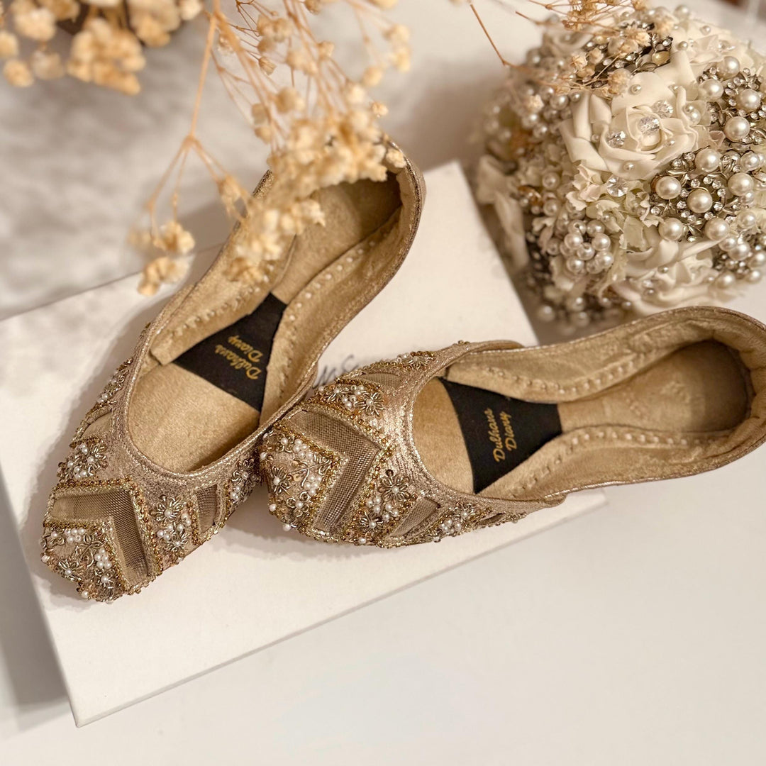 Handmade Gold Bridal Jutti: Cutwork Embroidered Khussa Shoes