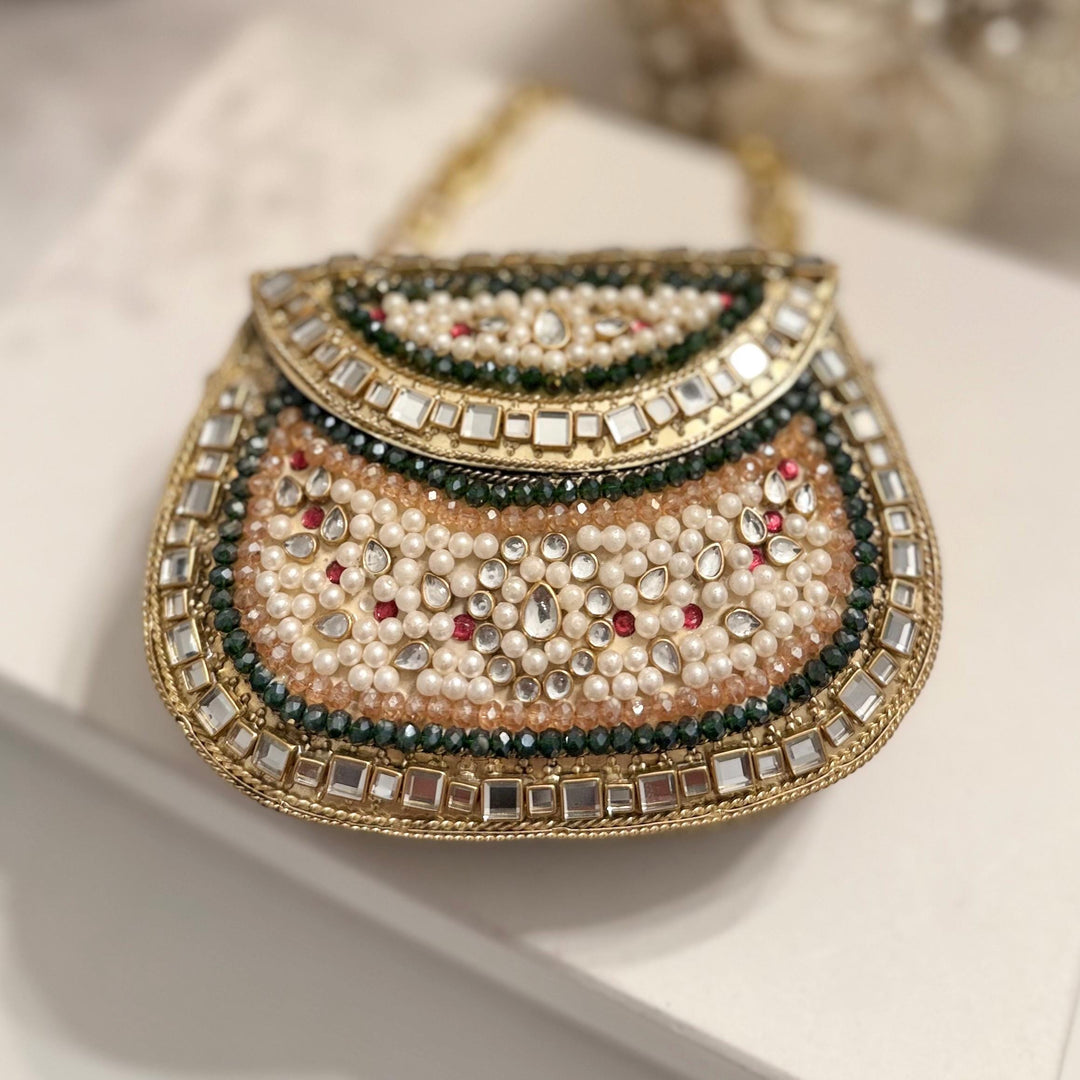 Sage Green & Ruby Kundan Clutch: Mini Statement Metal Bag