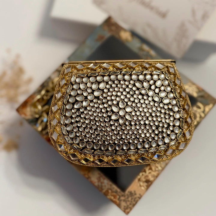 Kundan Stone Mini Clutch: Gold & Silver Dual Tone Evening Bag