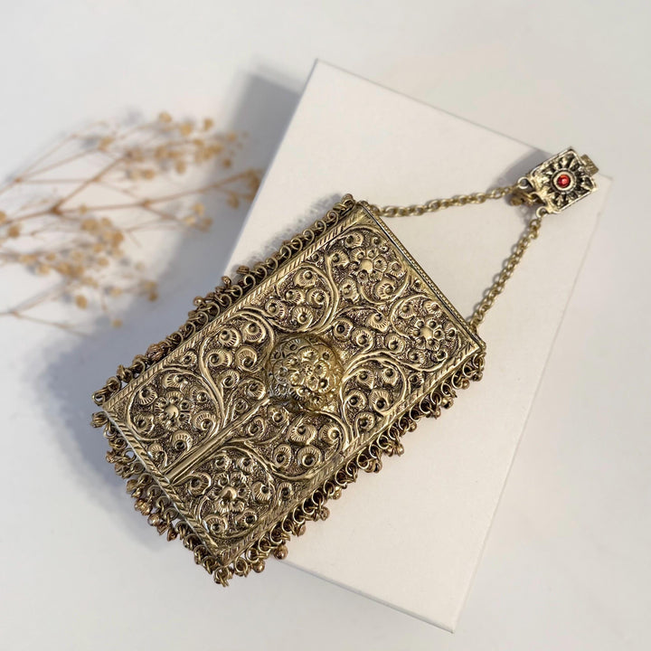 Mobile Shape Clutch: Antique Gold, Emerald Green Pendant, Handmade Brass Handbag