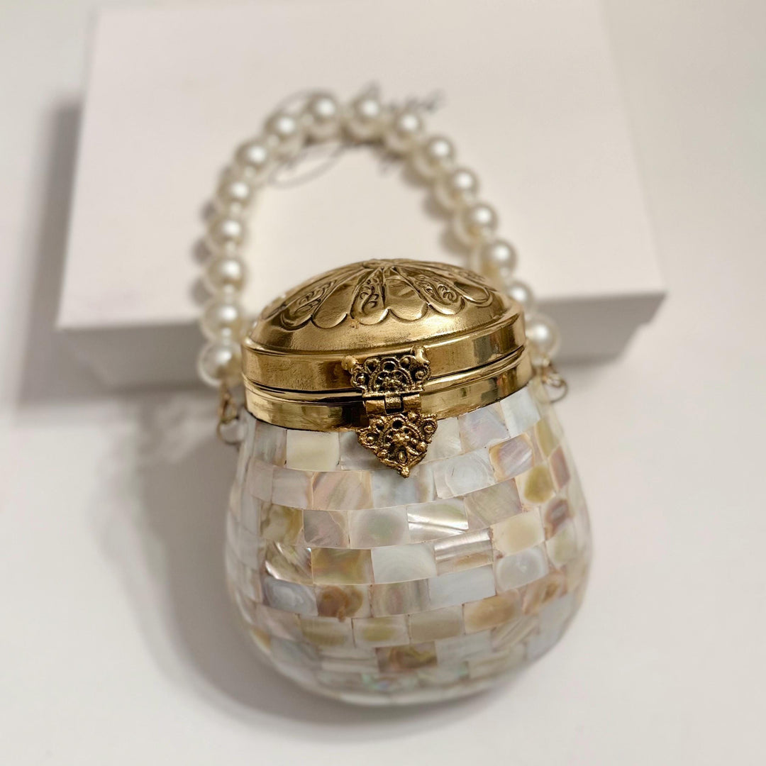 Mother of Pearl Inlay Clutch | Gold Beaded Handle, Shoulder Bag