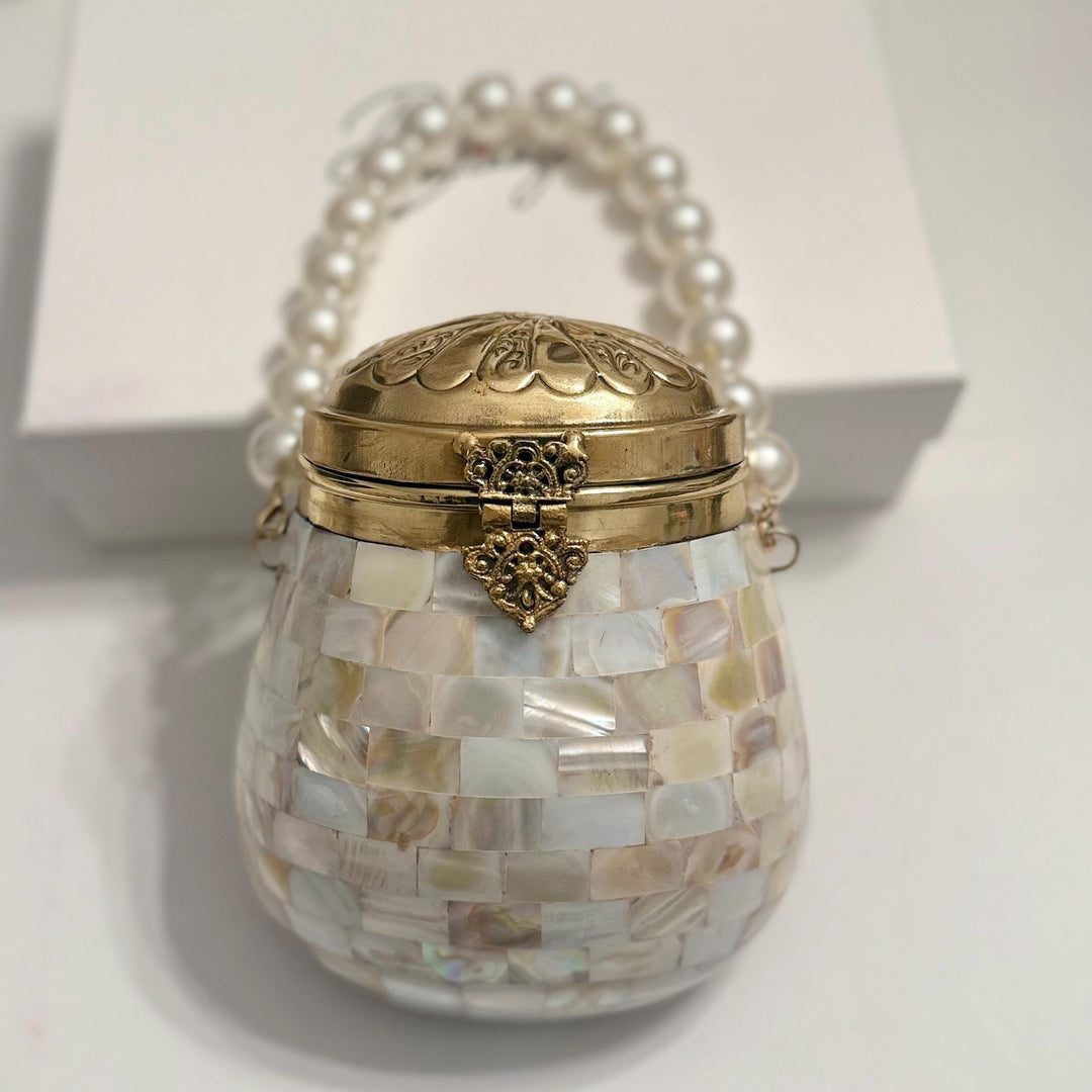 Mother of Pearl Inlay Clutch | Gold Beaded Handle, Shoulder Bag