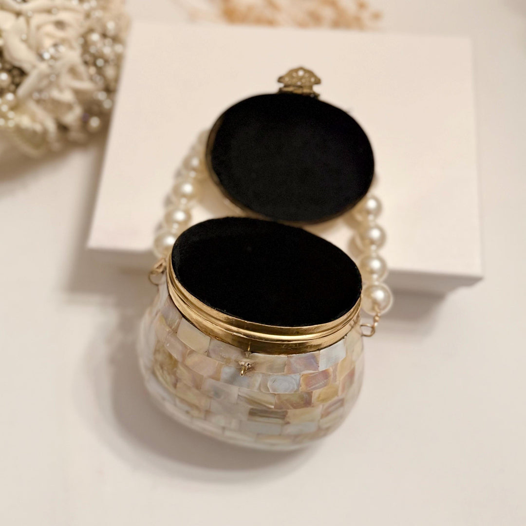 Mother of Pearl Inlay Clutch | Gold Beaded Handle, Shoulder Bag