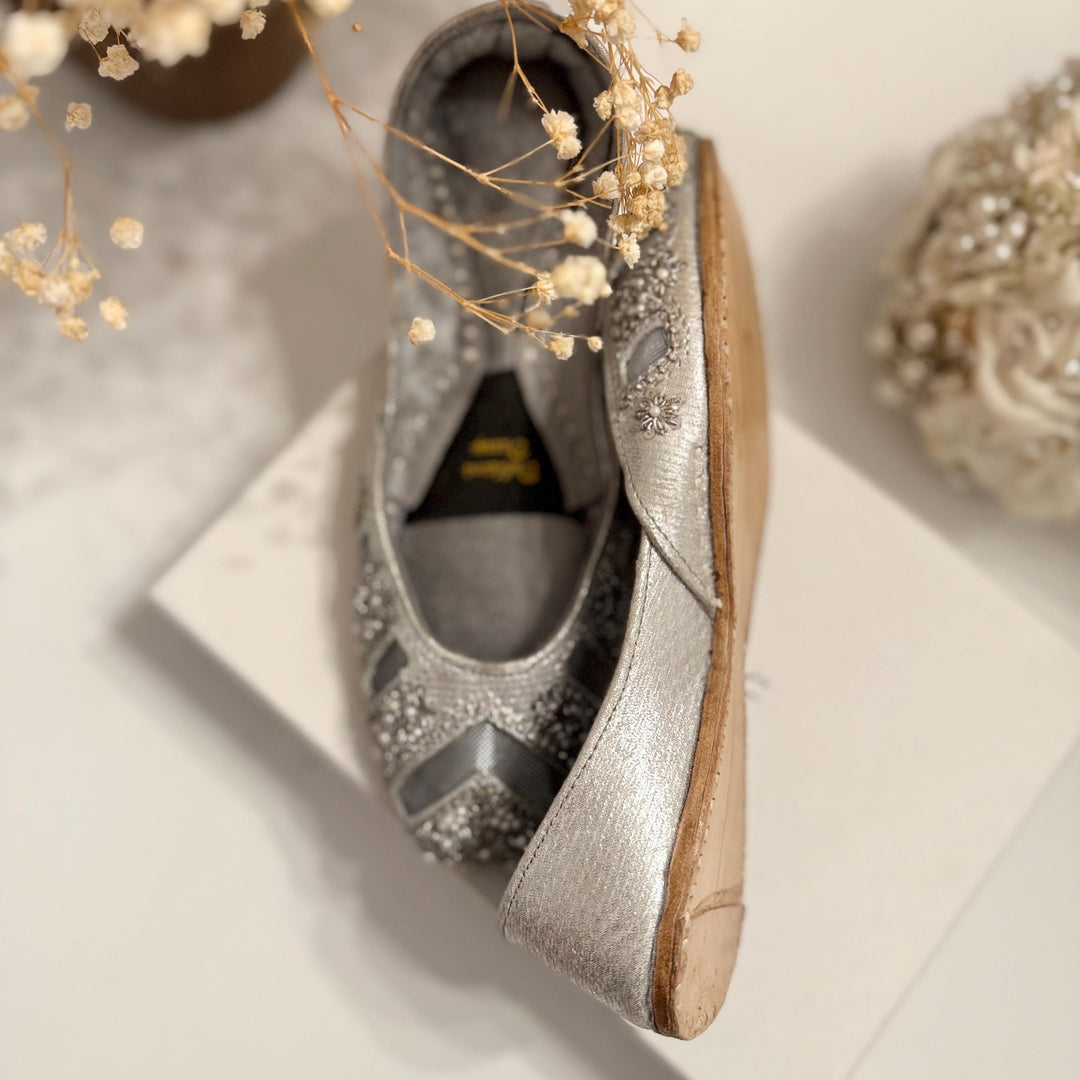 Handmade Silver Bridal Jutti: Cutwork Embroidered Wedding Shoes