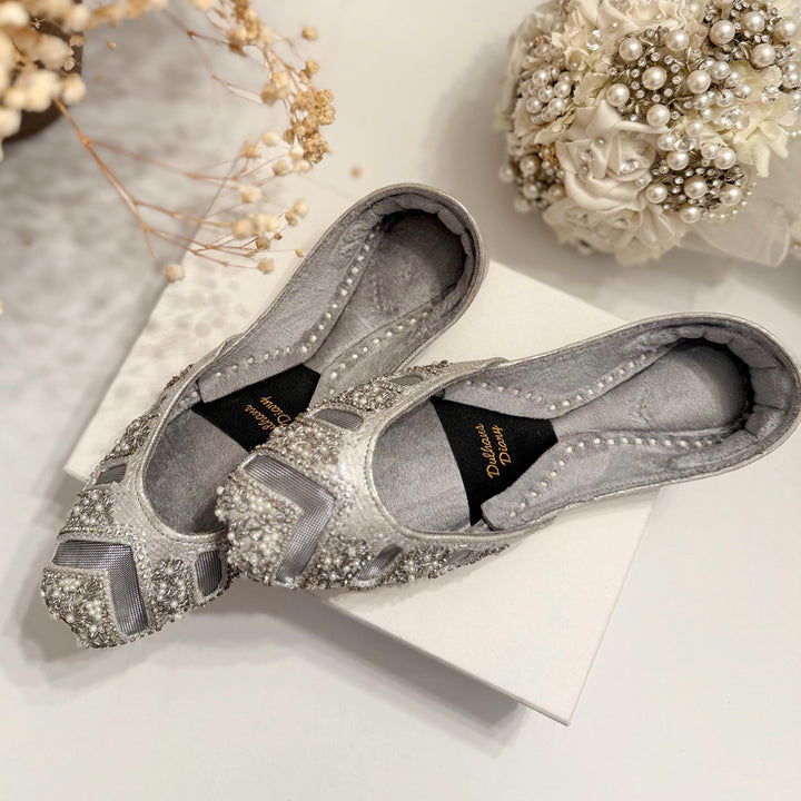 Handmade Silver Bridal Jutti: Cutwork Embroidered Wedding Shoes