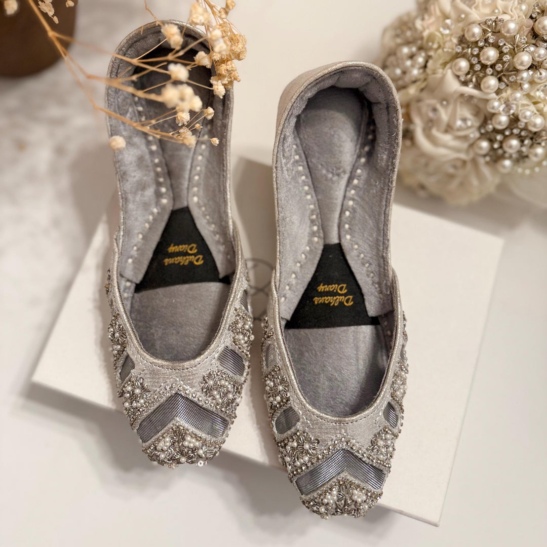 Handmade Silver Bridal Jutti: Cutwork Embroidered Wedding Shoes