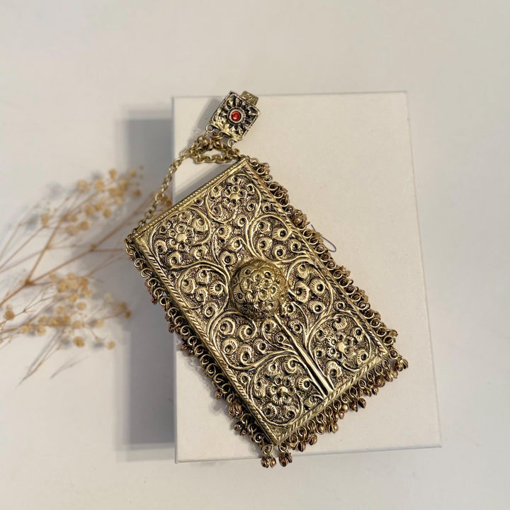 Mobile Shape Clutch: Antique Gold, Emerald Green Pendant, Handmade Brass Handbag
