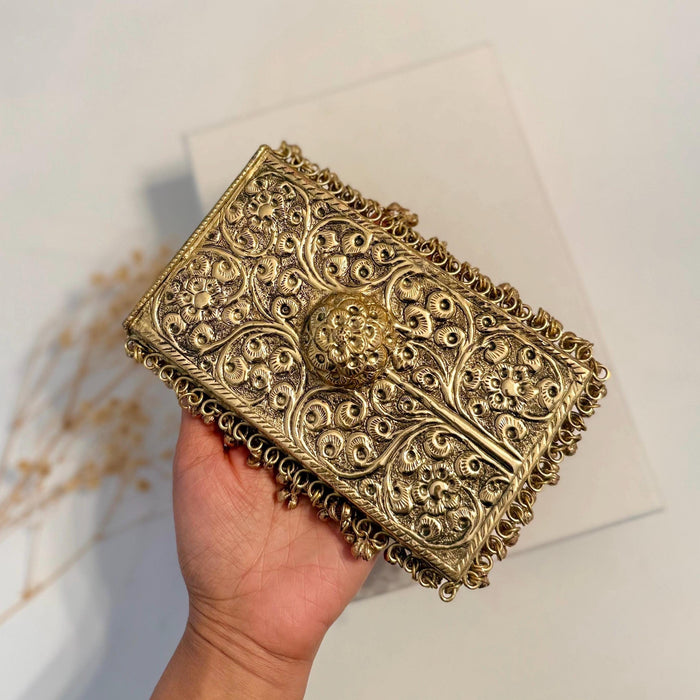 Mobile Shape Antique Gold Brass Clutch