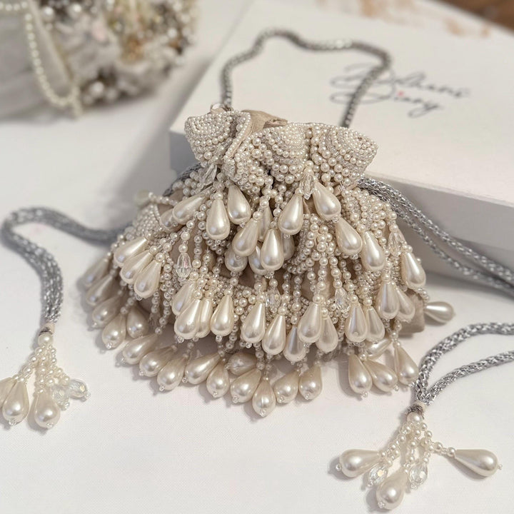 Pearl Beaded Bridal Potli Bag | Handmade Raw Silk Handbag