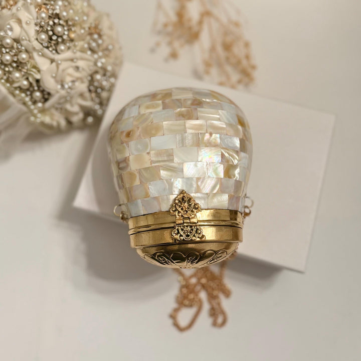 Mother of Pearl Inlay Clutch | Gold Beaded Handle, Shoulder Bag