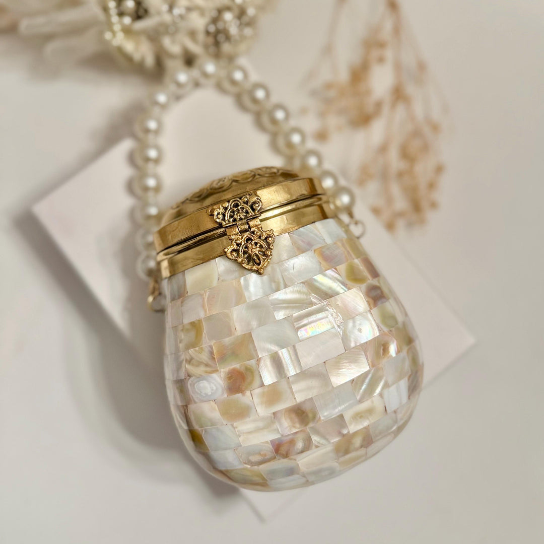 Mother of Pearl Inlay Clutch | Gold Beaded Handle, Shoulder Bag