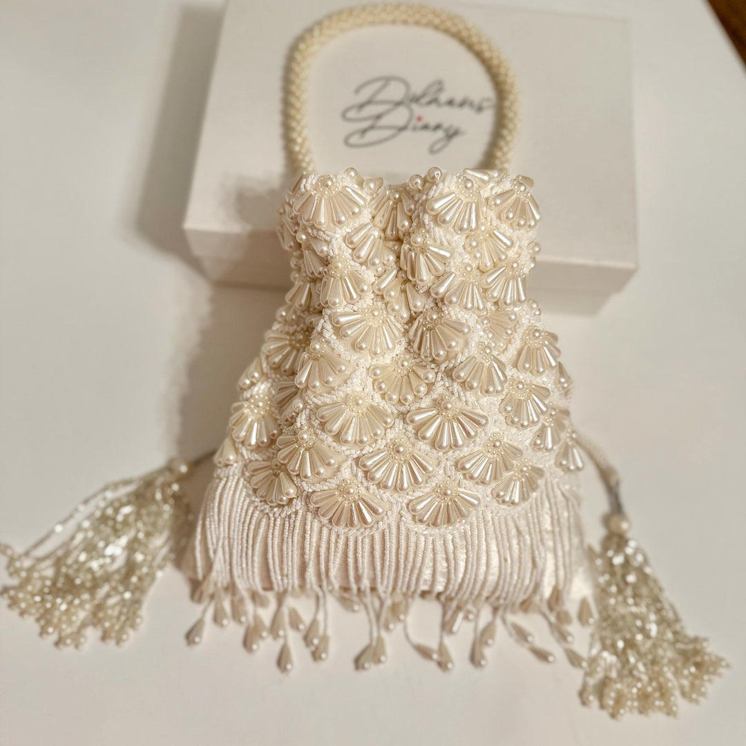 Ivory Beaded Bridal Potli Bag: Velvet Wedding Day Accessory