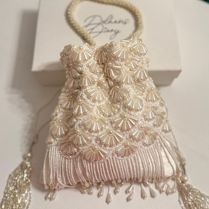 Ivory Beaded Bridal Potli Bag: Velvet Wedding Day Bridal Bag