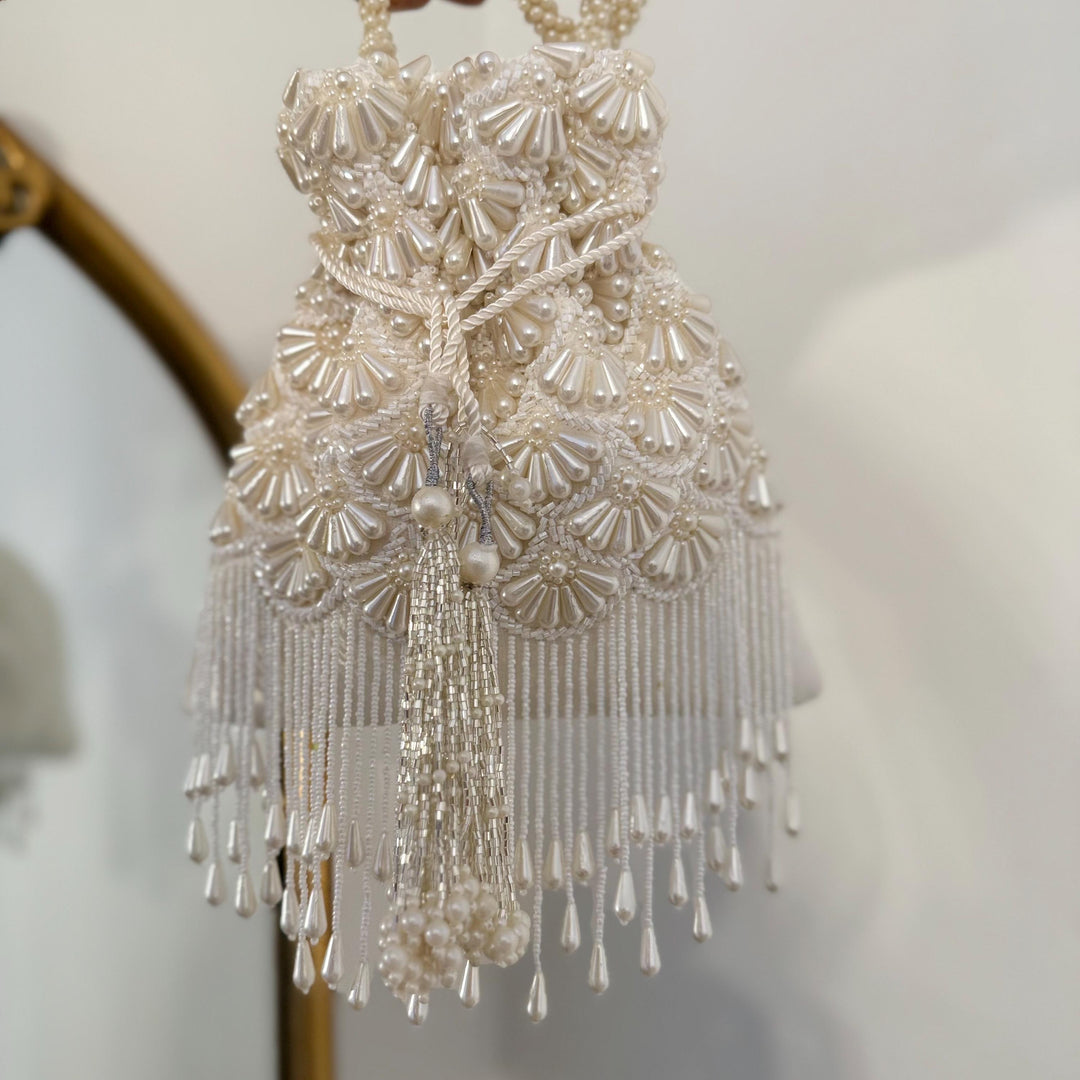 Ivory Beaded Bridal Potli Bag: Velvet Wedding Day Accessory