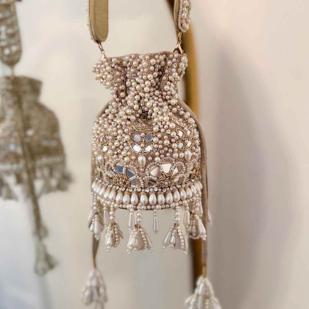Champagne Beaded Bridal Potli Bag: Mirror Work Wedding Accessory