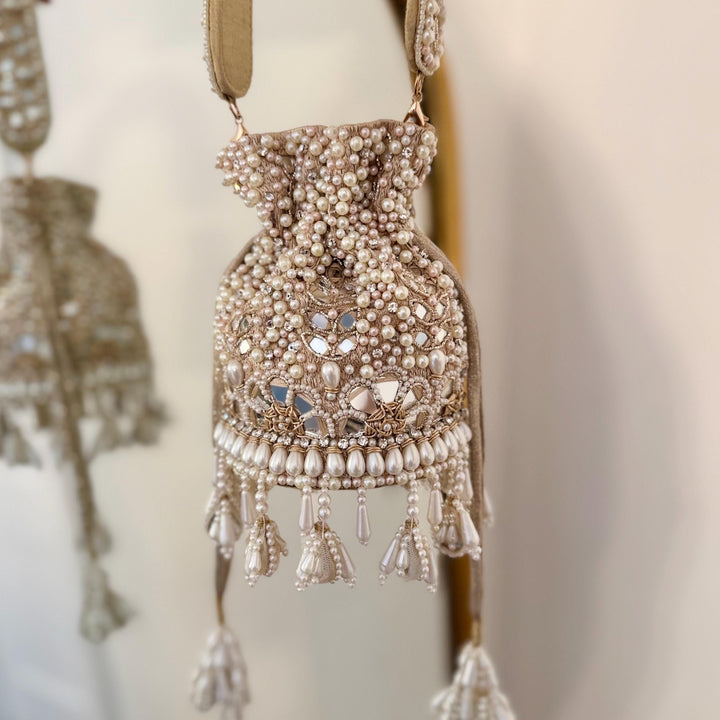 Champagne Beaded Bridal Potli Bag: Mirror Work Wedding Accessory