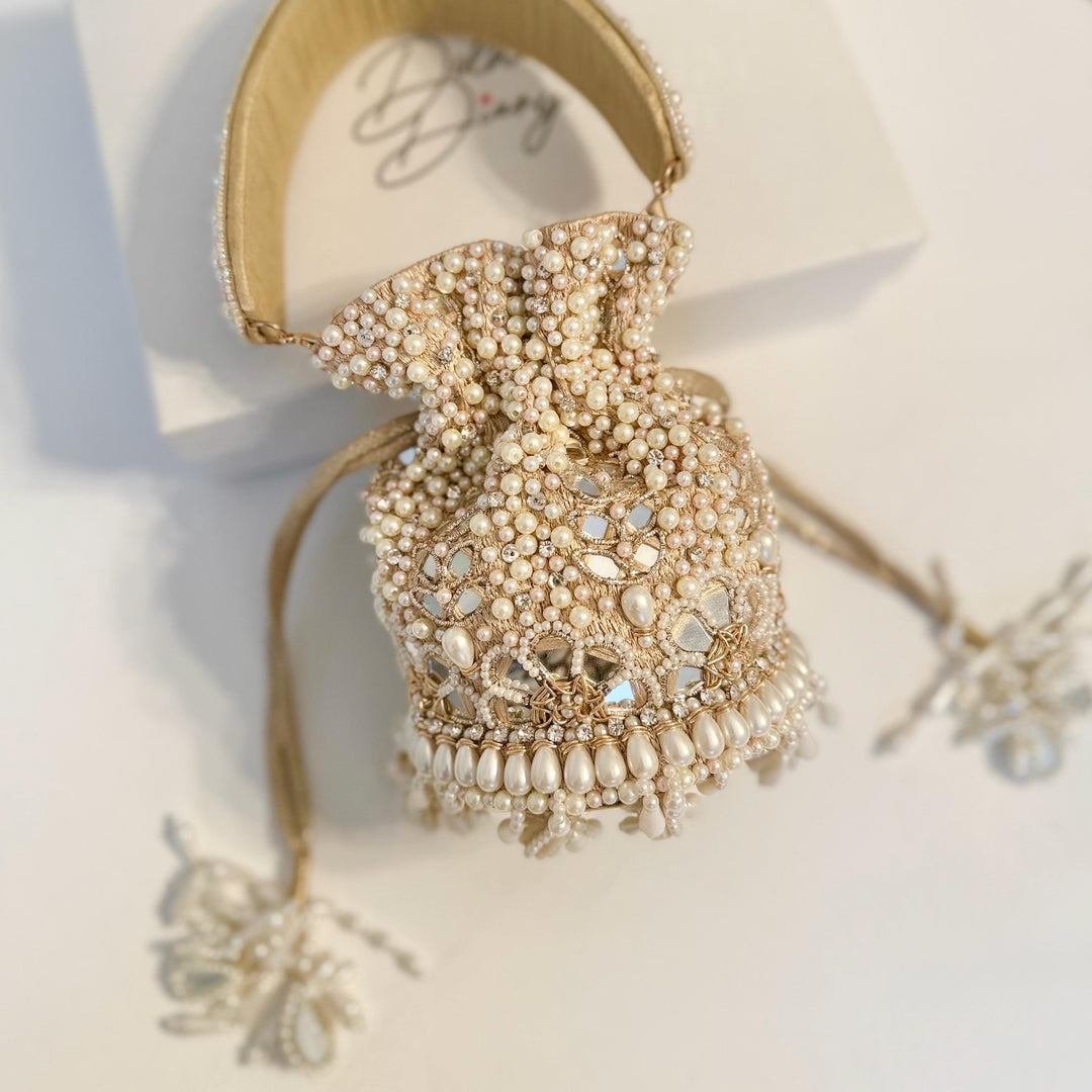 Champagne Beaded Bridal Potli Bag: Mirror Work Wedding Accessory