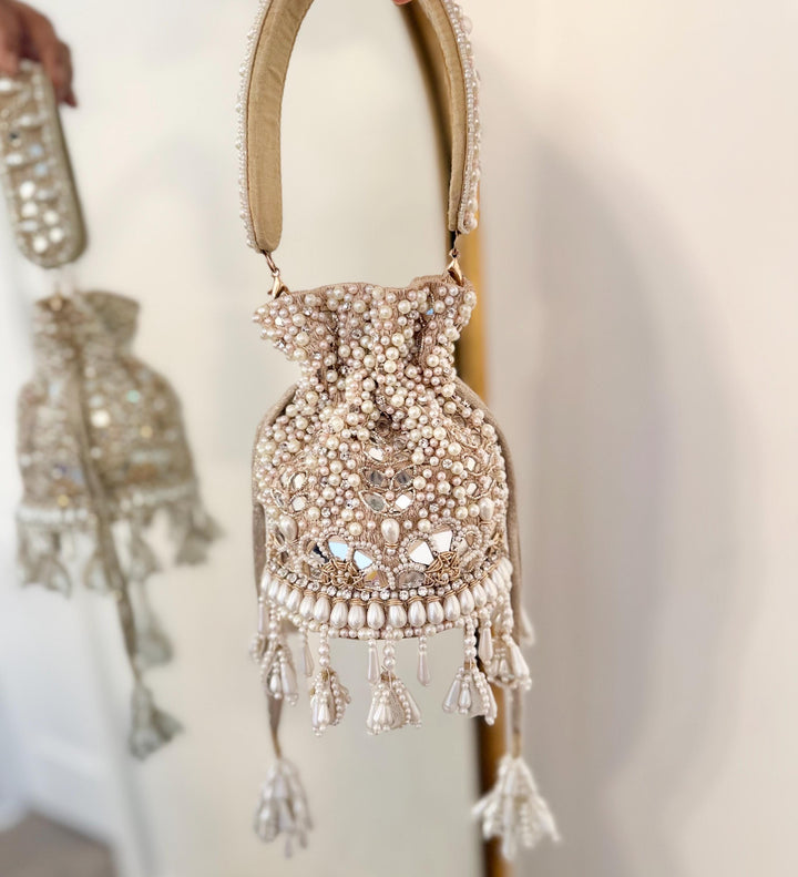 Champagne Beaded Bridal Potli Bag: Mirror Work Wedding Accessory