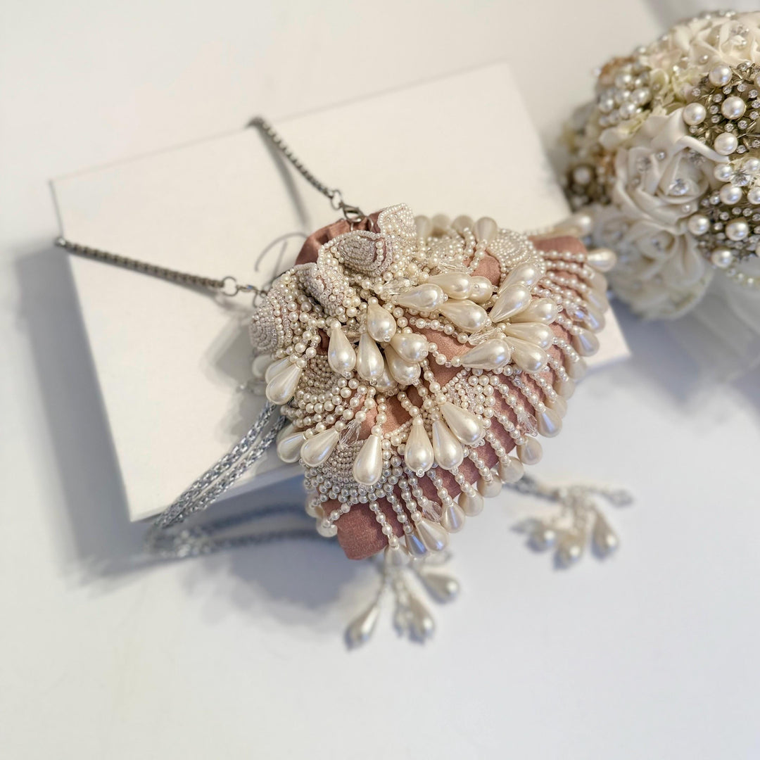 Pearl Beaded Bridal Potli Bag | Handmade Raw Silk Handbag