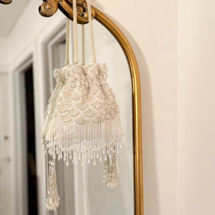 Ivory Beaded Bridal Potli Bag: Velvet Wedding Day Bridal Bag