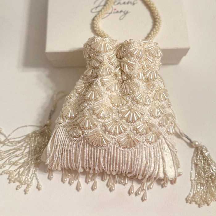 Ivory Beaded Bridal Potli Bag: Velvet Wedding Day Bridal Bag