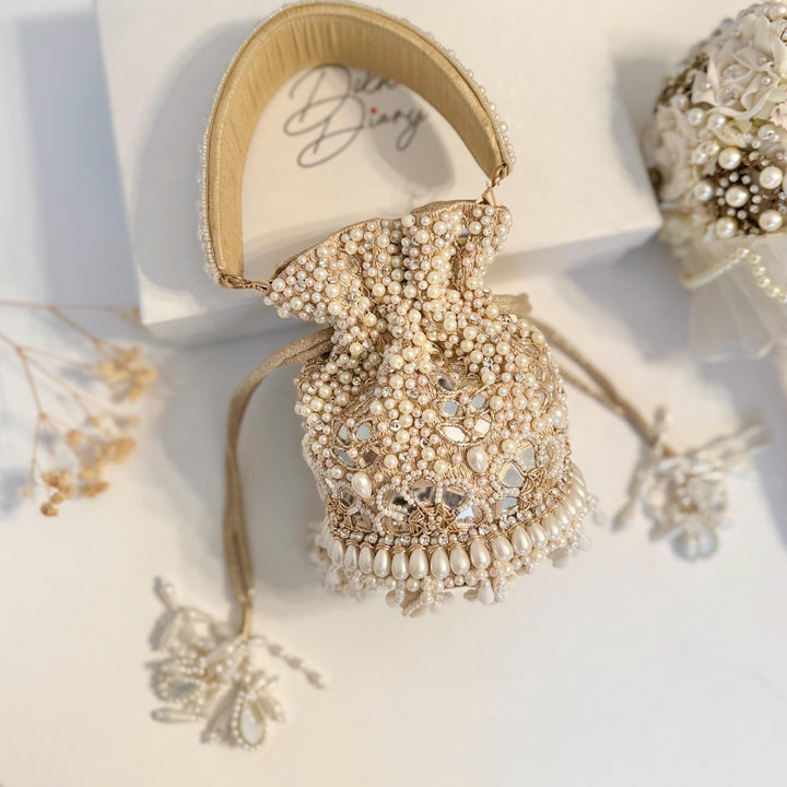 Champagne Beaded Bridal Potli Bag: Mirror Work Wedding Accessory