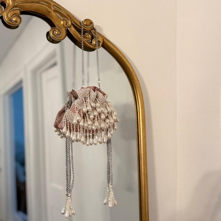 Pearl Beaded Bridal Potli Bag | Handmade Raw Silk Handbag