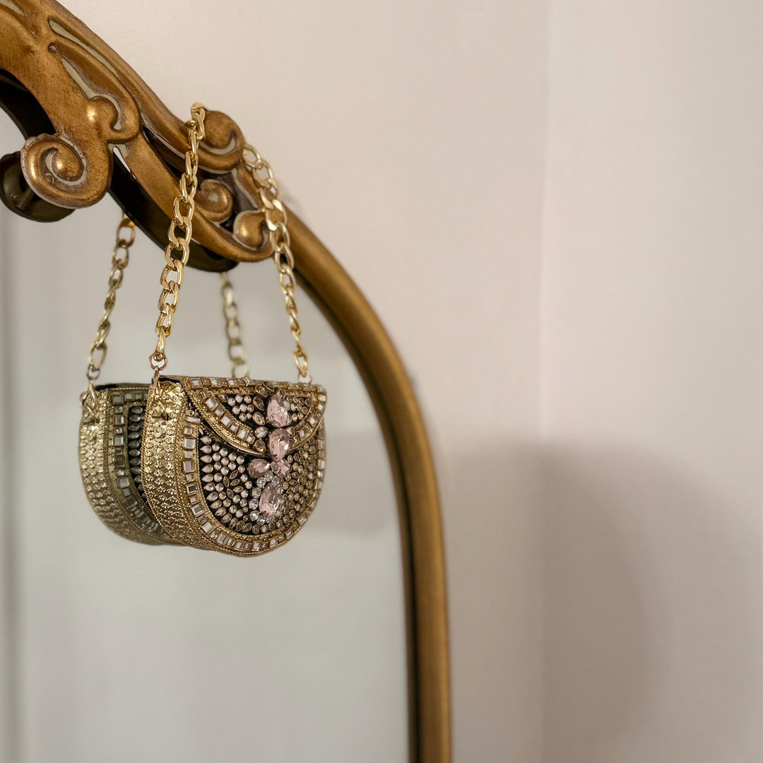 Pink Kundan Clutch | Mini Metal & Kundan Evening Bag