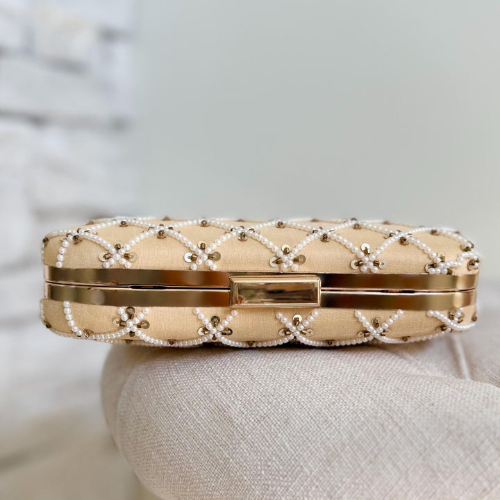 Beige Beaded Clutch: Handmade Zardozi Evening Wristlet