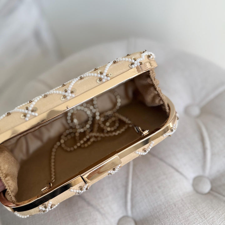 Beige Beaded Clutch: Handmade Zardozi Evening Wristlet