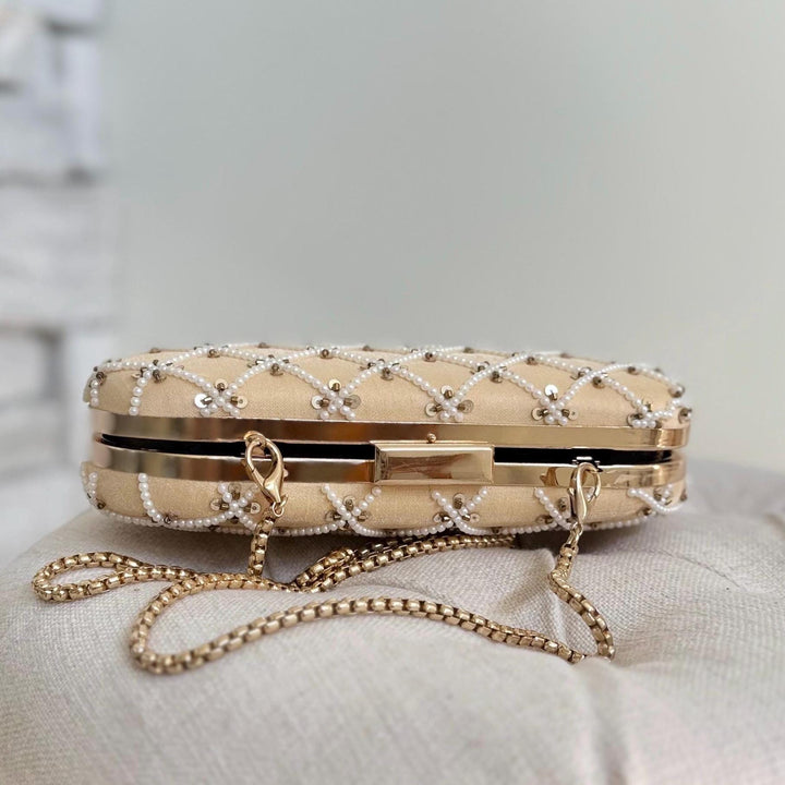 Beige Beaded Clutch: Handmade Zardozi Evening Wristlet