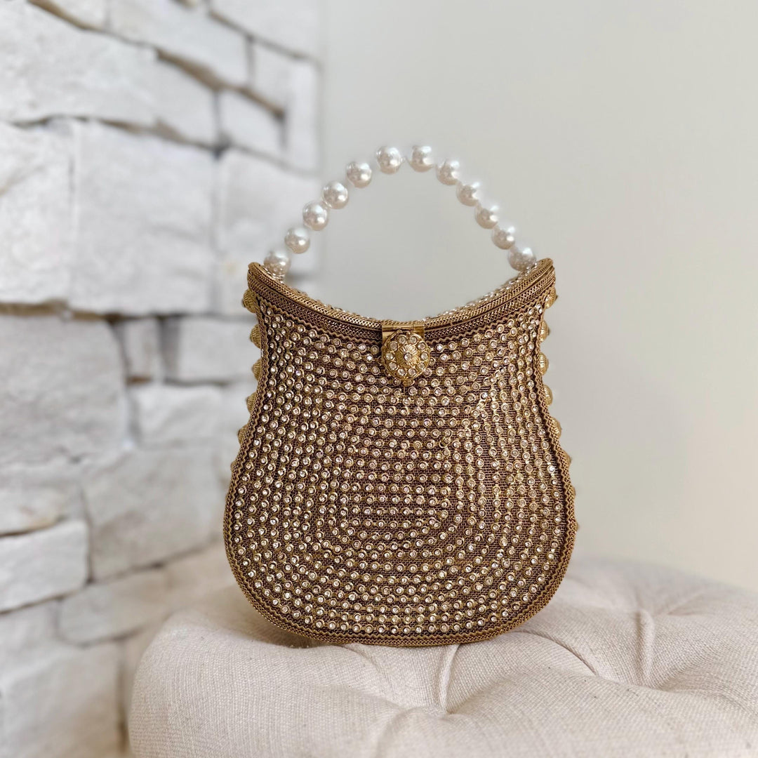 Handmade Gold Crystal Bridal Clutch: Pearl Handle Wedding Evening Bag
