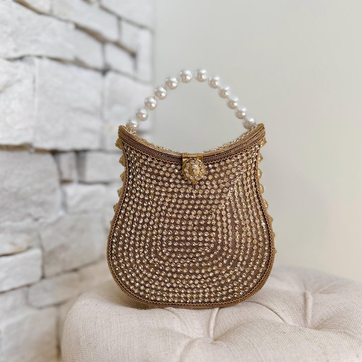 Handmade Gold Crystal Bridal Clutch: Pearl Handle Wedding Evening Bag
