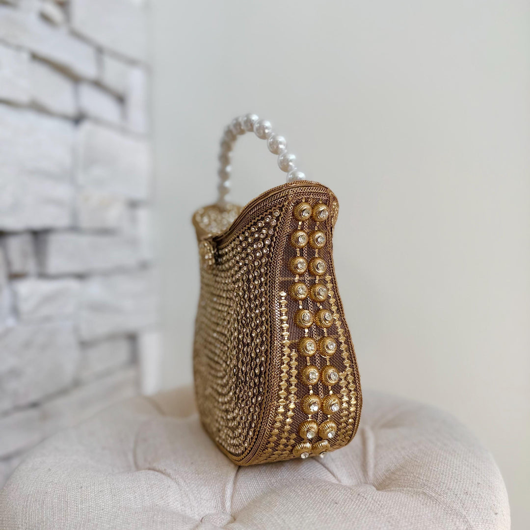 Handmade Gold Crystal Bridal Clutch: Pearl Handle Wedding Evening Bag