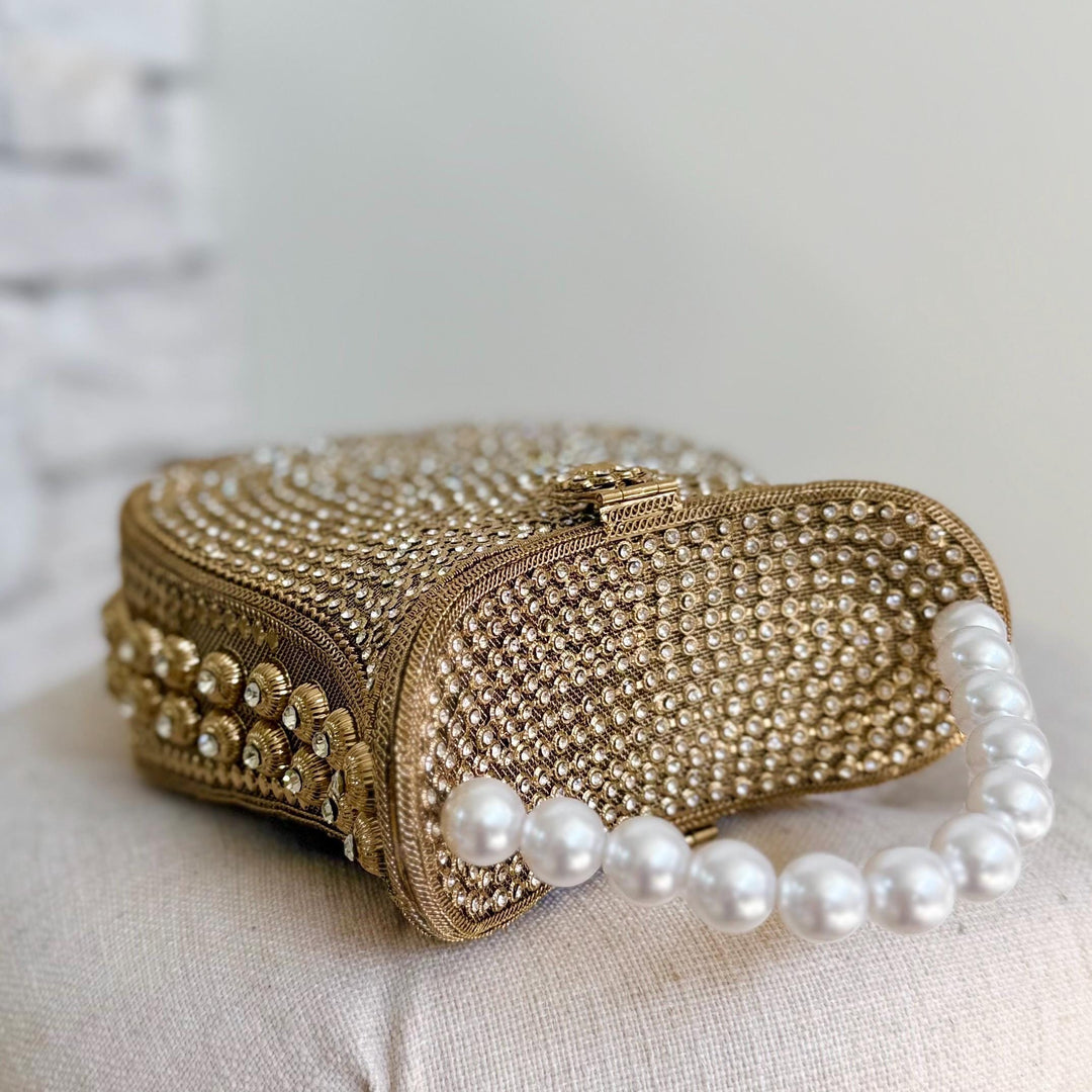 Handmade Gold Crystal Bridal Clutch: Pearl Handle Wedding Evening Bag