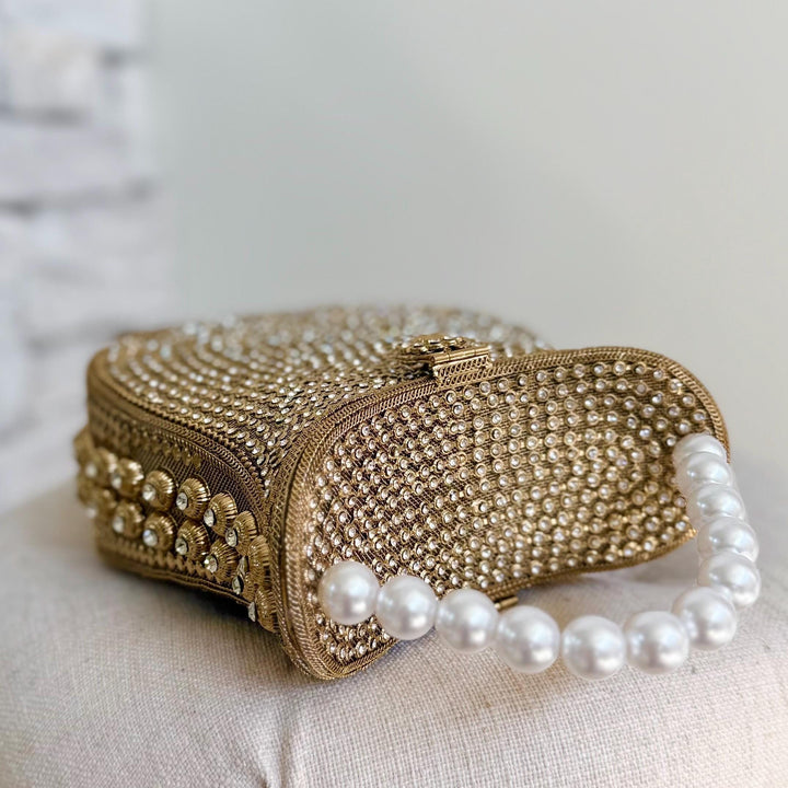 Handmade Gold Crystal Bridal Clutch: Pearl Handle Wedding Evening Bag