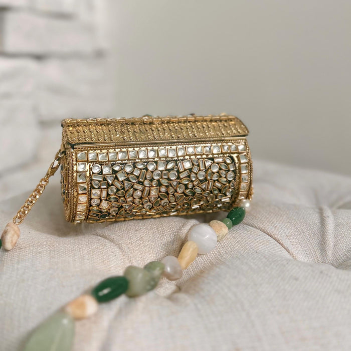 Mini Kundan Gemstone Clutch: Gold Statement Bag, Chain Strap