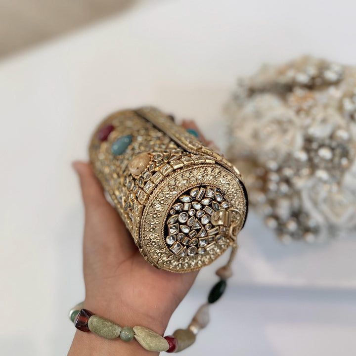 Mini Kundan Gemstone Clutch: Gold Statement Bag, Chain Strap