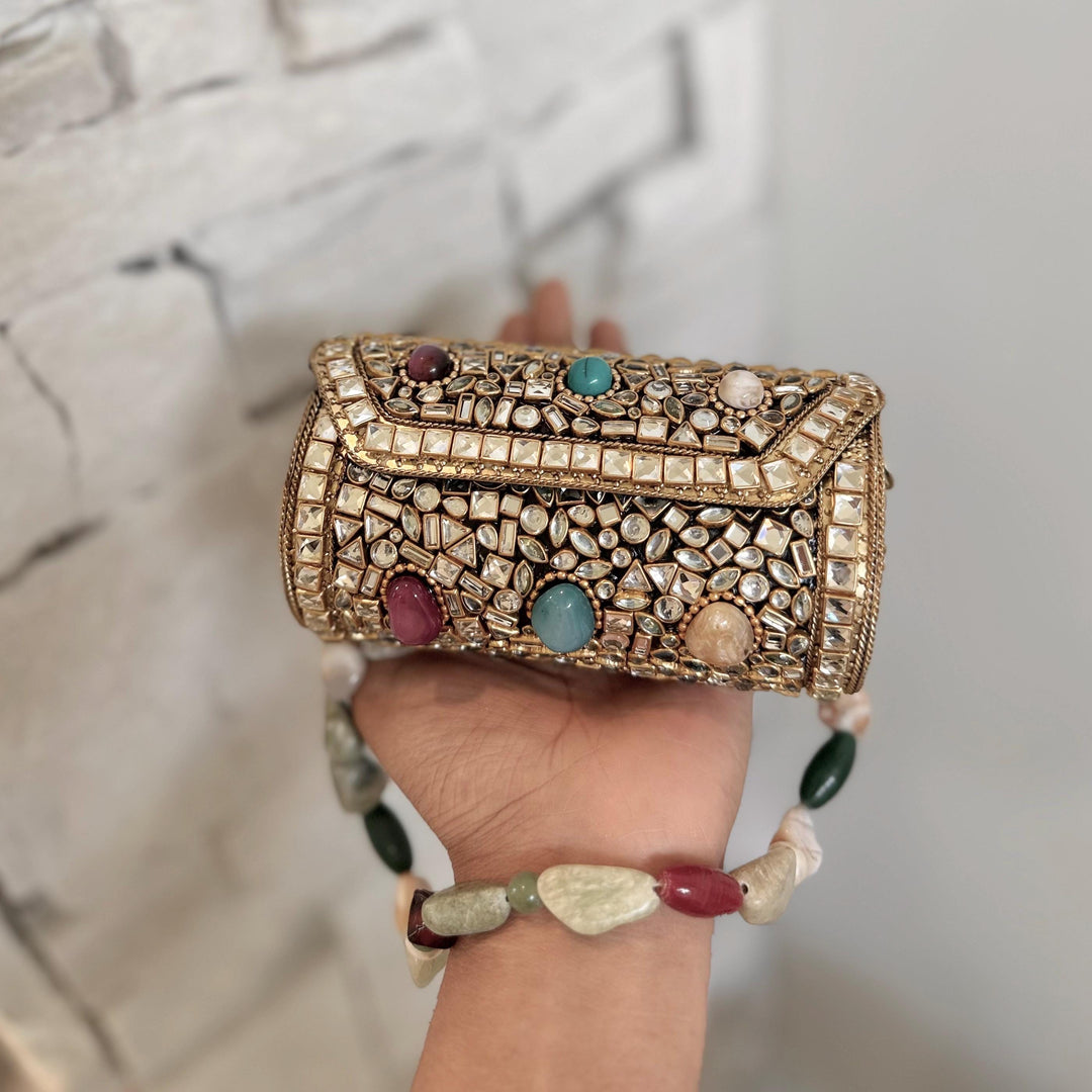 Mini Kundan Gemstone Clutch: Gold Statement Bag, Chain Strap
