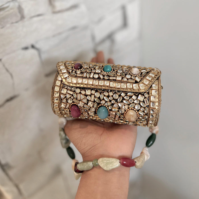 Mini Kundan Gemstone Clutch: Gold Statement Bag, Chain Strap