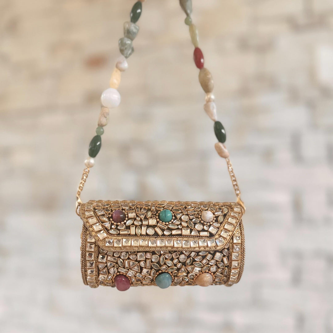 Mini Kundan Gemstone Clutch: Gold Statement Bag, Chain Strap