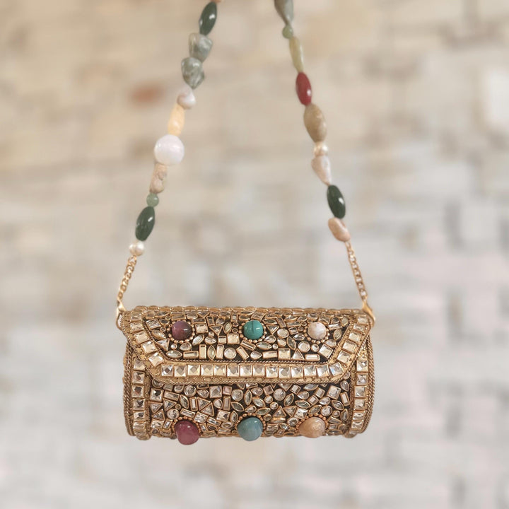 Mini Kundan Gemstone Clutch: Gold Statement Bag, Chain Strap