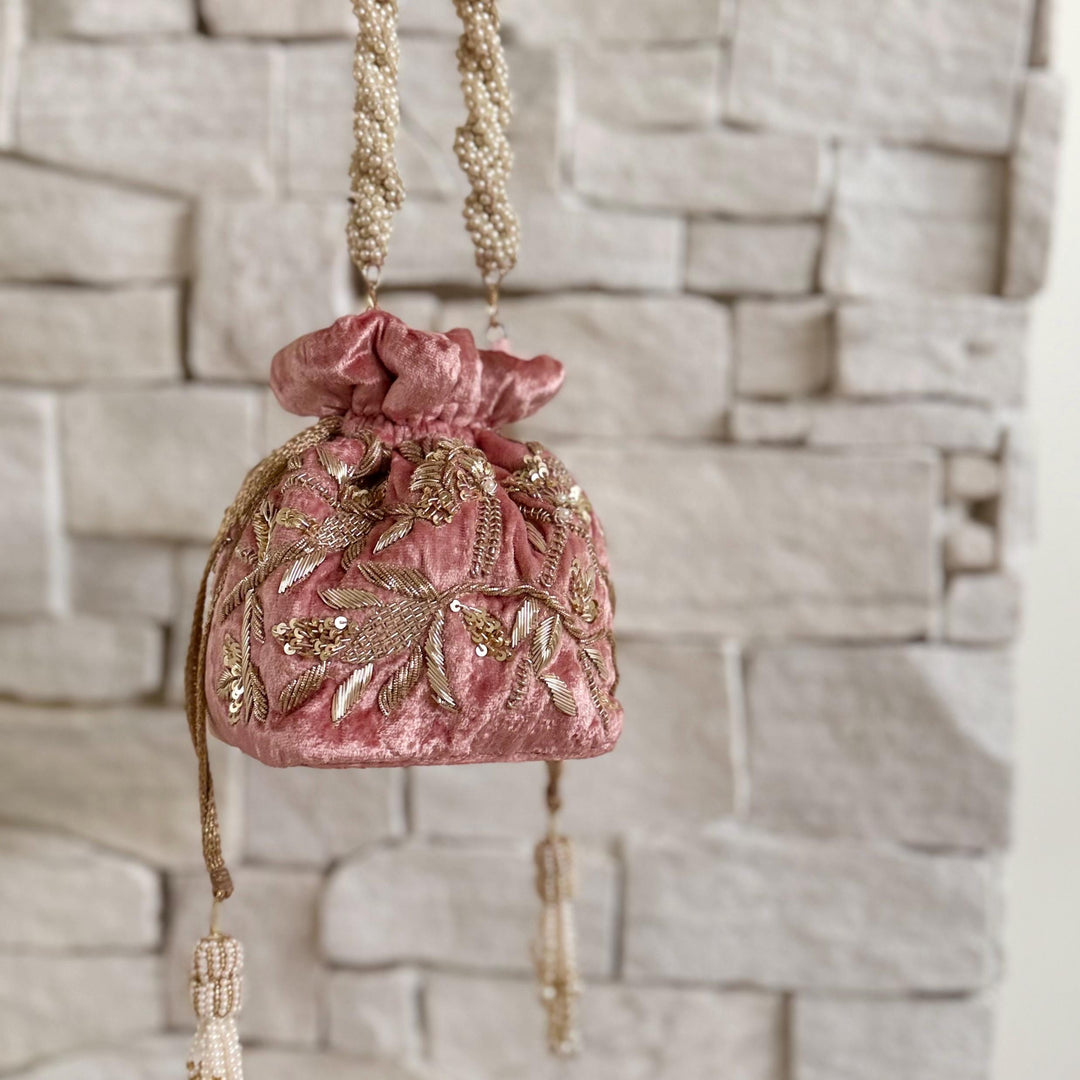 Dusty Pink Velvet Bridal Potli Bag: Beaded Indian Wedding Wristlet