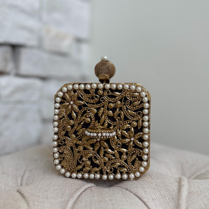 Gold Pearl Mini Brass Clutch | Vintage Style Statement Evening Bag