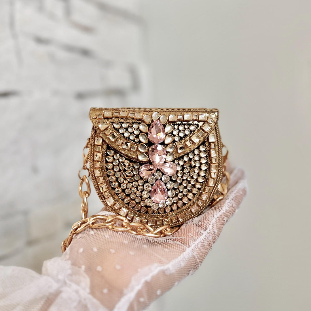 Pink Kundan Clutch | Mini Metal & Kundan Evening Bag