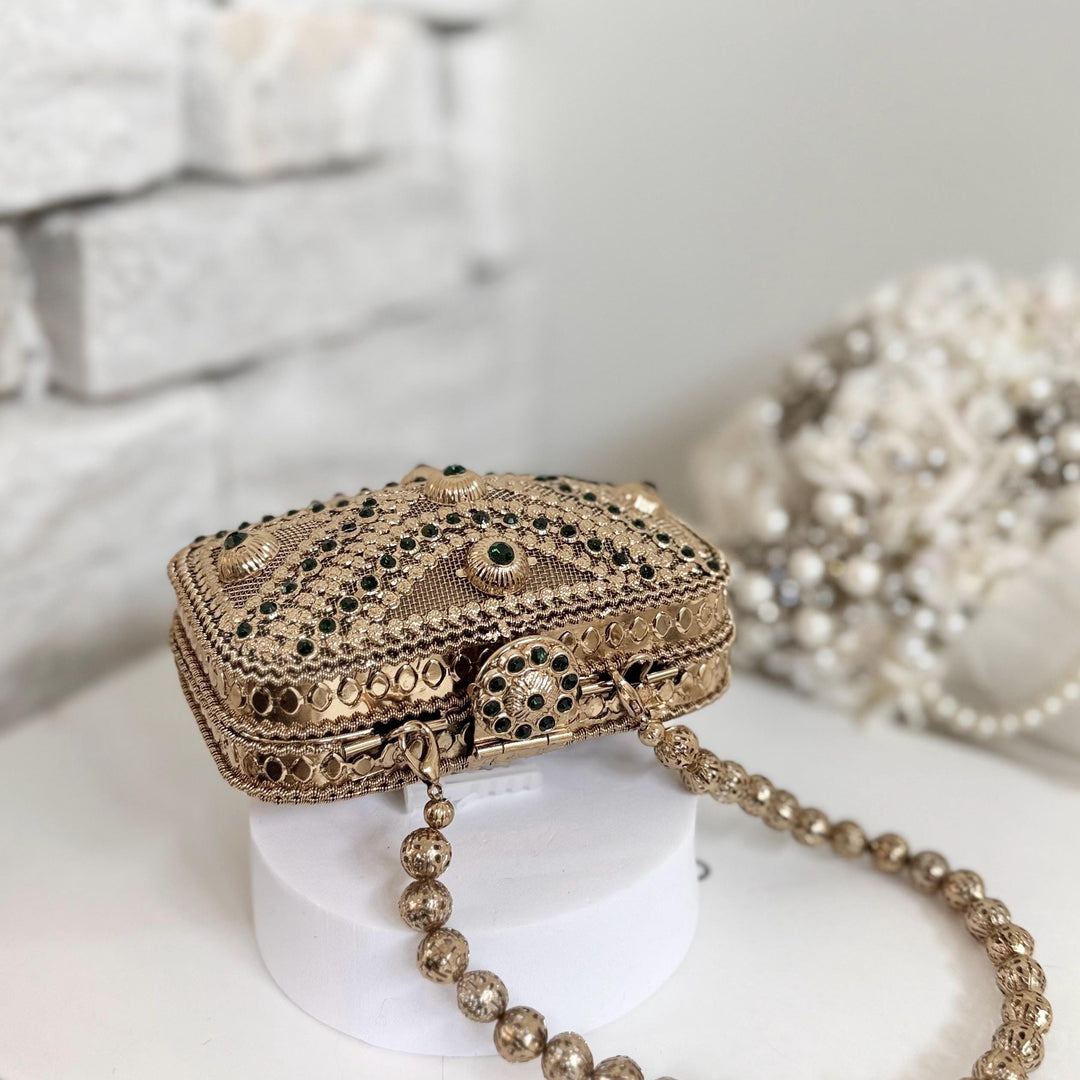 Emerald Green & Antique Gold Floral Clutch: Mini Metal Evening Bag